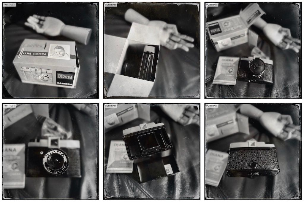 an array of six black and white photos of a plastic camera from the 1950's