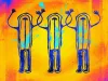 Cave art illustration of a mysterious humanoid figure with arms over its head rendered in psychedelic colors.