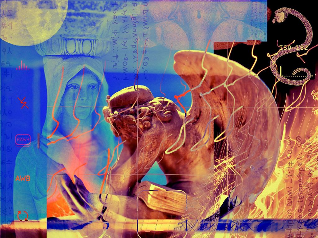 Photomontage of an angel looking away, a crying statue, a snake with apple in its mouth, the moon, cryptic writing, and fire.