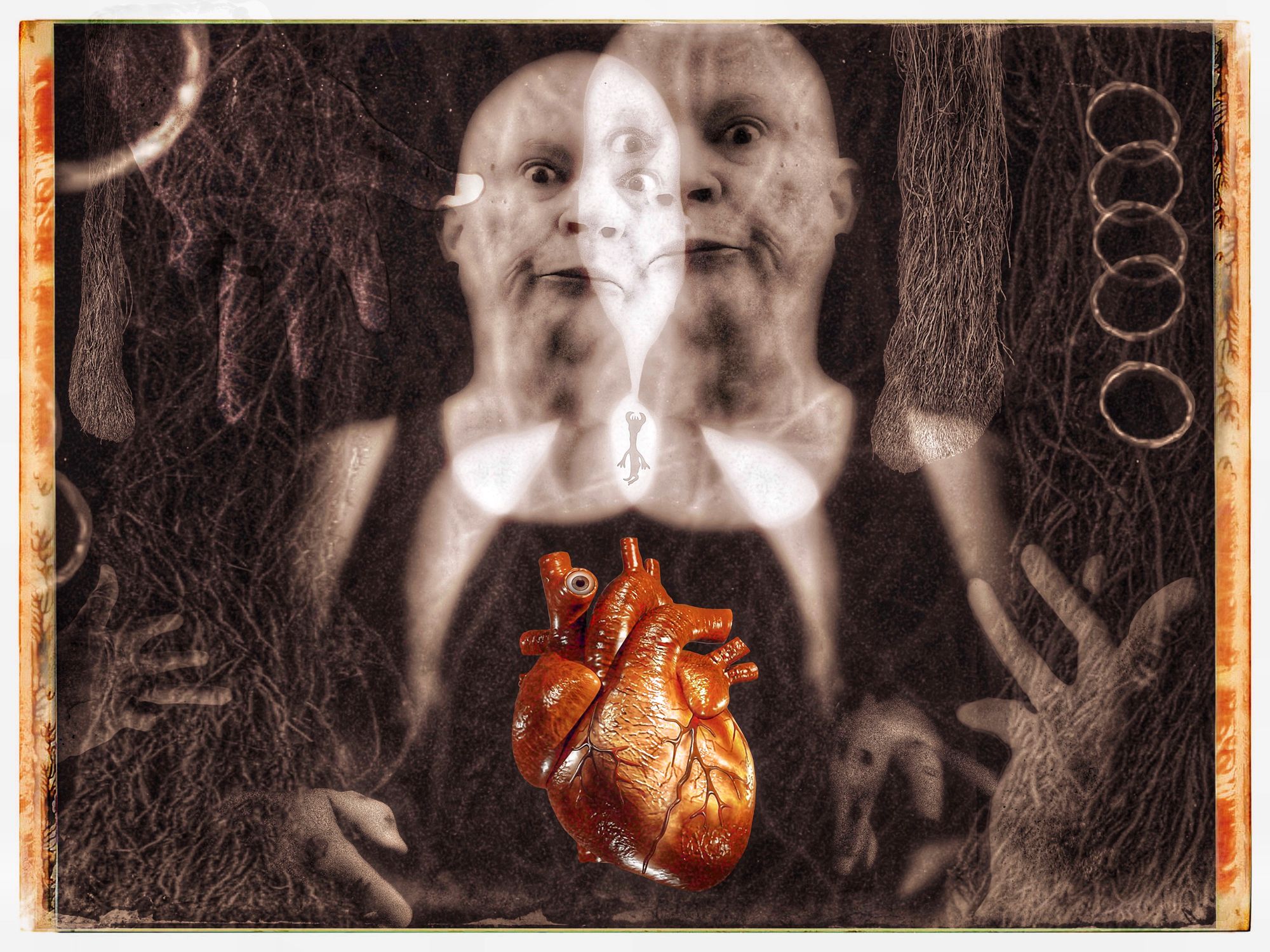 photo montage of the author as a wise fool with twisted hands and his heart outside of his chest, amidst weird hanging vines