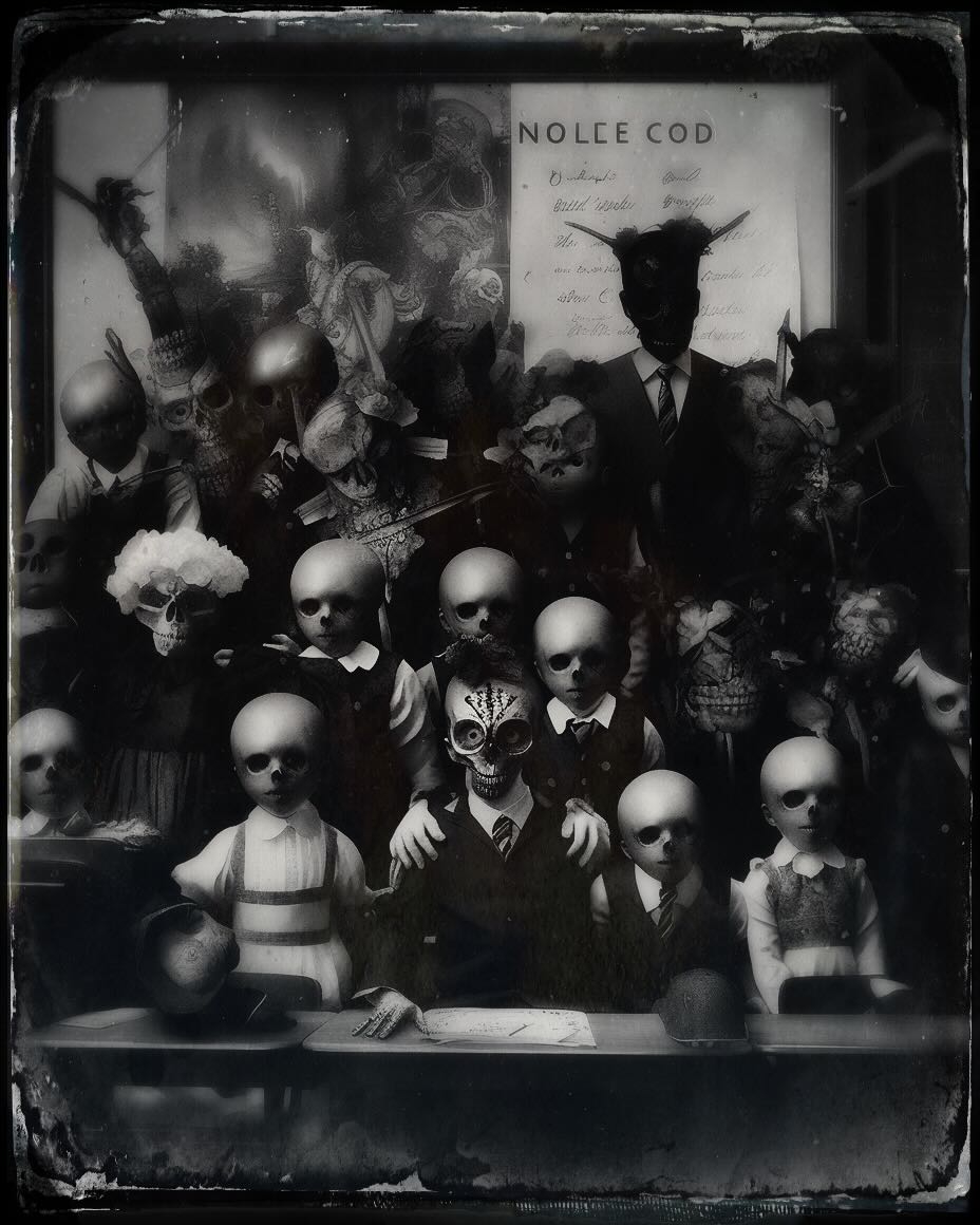 vintage distressed black and white photo of a grade school class picture where all the children look like alien robots