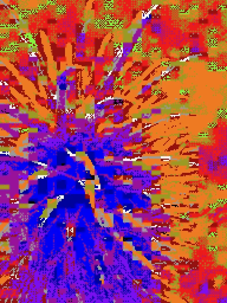 A colorfully pixellated and glitchy abstract image of oranges, red, blues, and greens.Visual chaos.