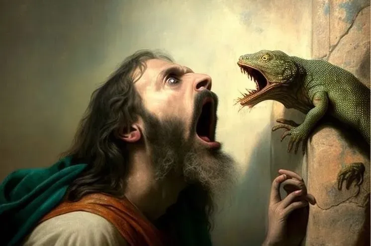 Oil painting of Jesus and a large lizard screaming at each other.