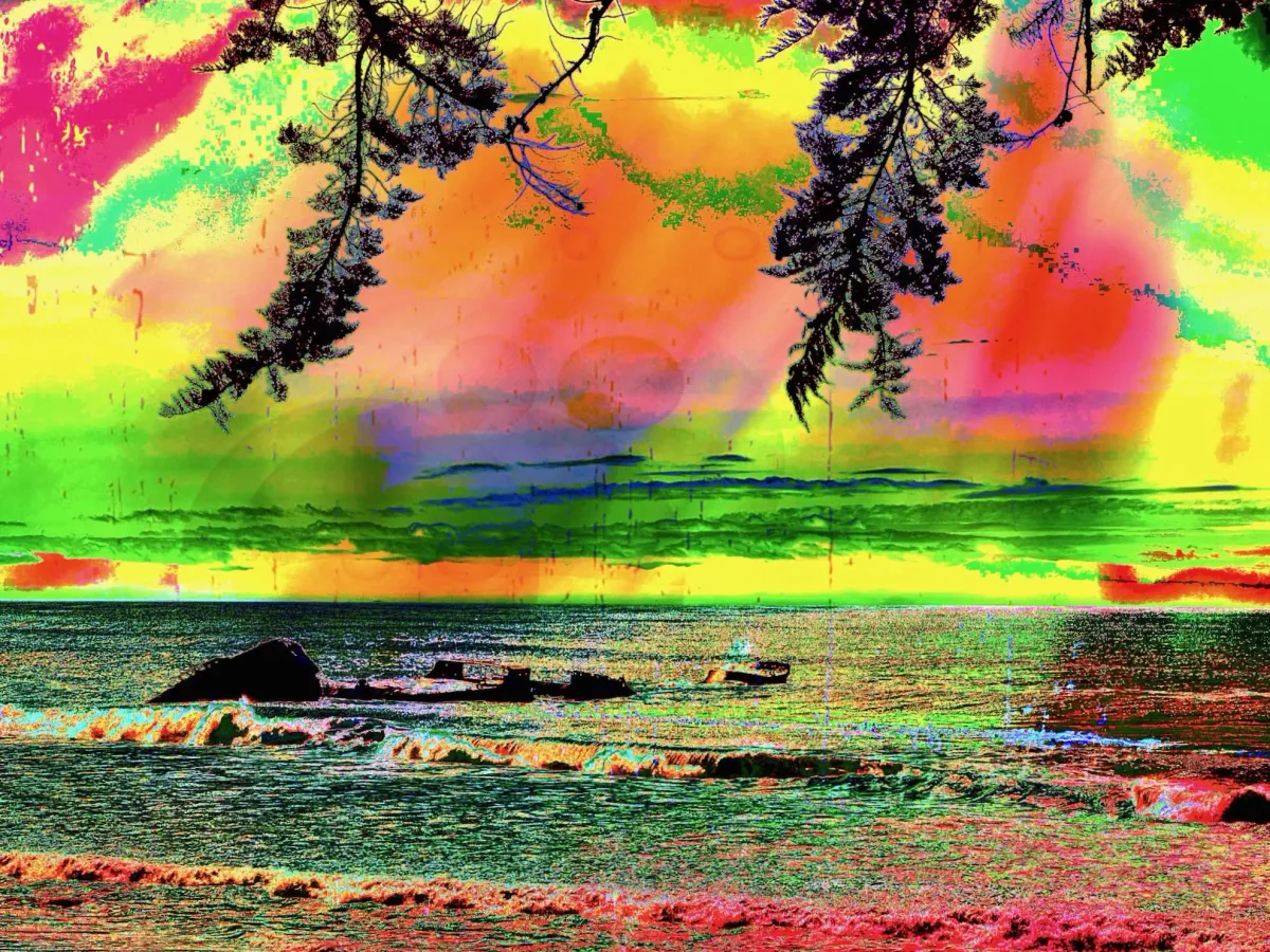 Photo of an ocean scene that has been extremely colorized to the point of looking surreal. The effect is chaotic and noisy.