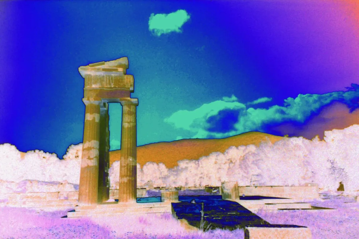 Partial ruins at The Temple of Asklepios, in Greece. The colors have been altered so as to make it appear psychedelic.