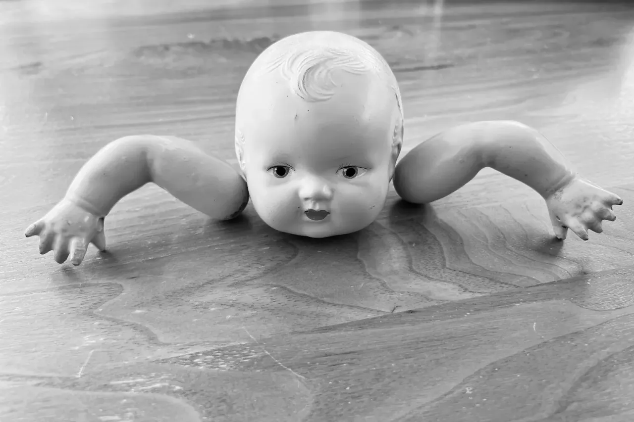 black and white photo of a baby doll head with detached arms placed on either side