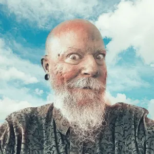Photo of Eric, an old bald white guy, with a beard and multiple ear piercings. He has a crazed look on his face.